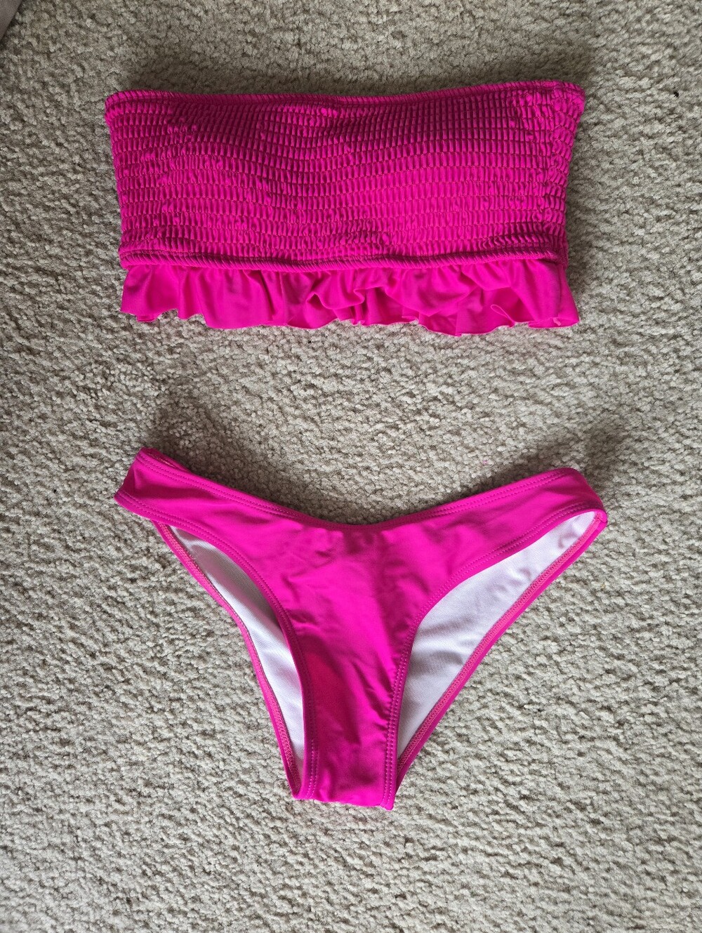 Hot Pink Smocked Ruffle Bandeau Bikini Set